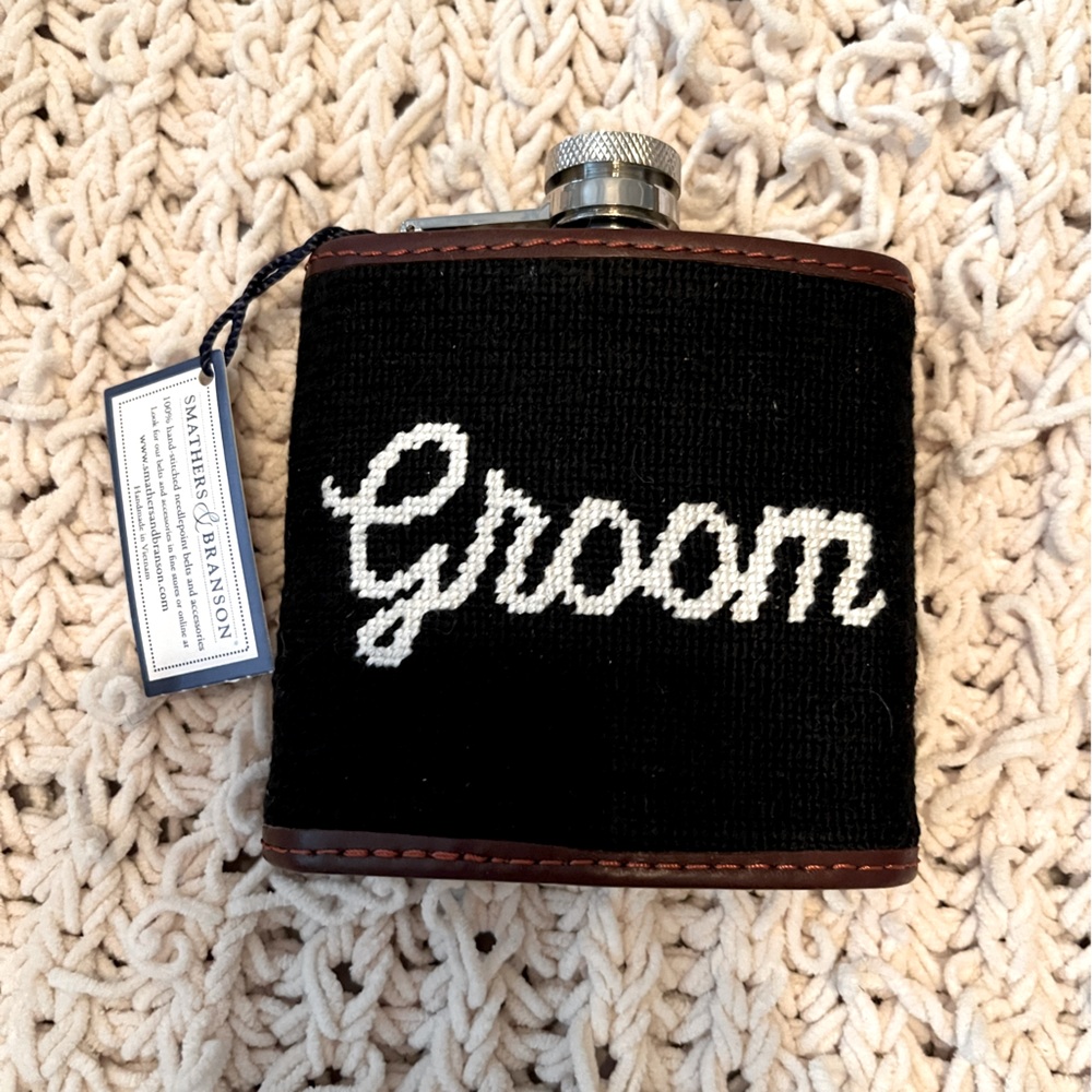 Groom Needlepoint Flask in Black by Smathers and Branson